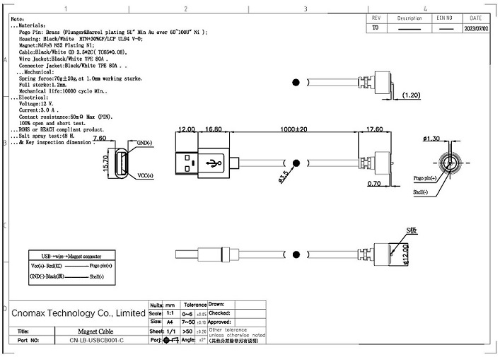 1pin Magnetic Charging Cable drawing