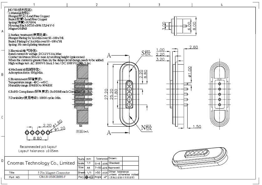 5pin female Magnetic Connector data sheet